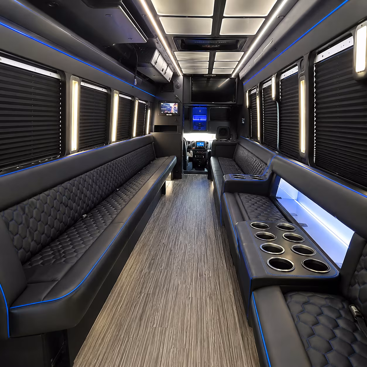 Interior of a party bus rental serving Reno